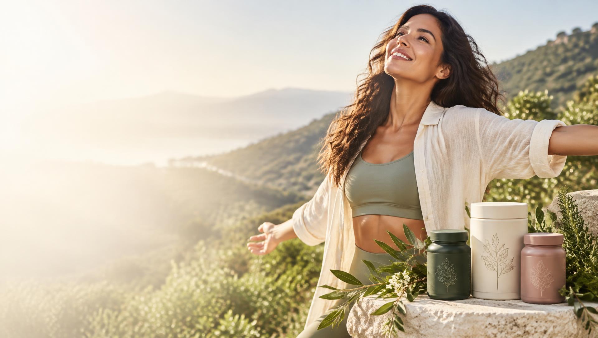 Mujer disfrutando de un momento de bienestar al aire libre junto a productos Vitalmente